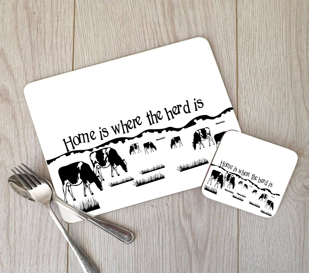 Cow Hardboard Placemat & Coaster Set - Home is where the herd is